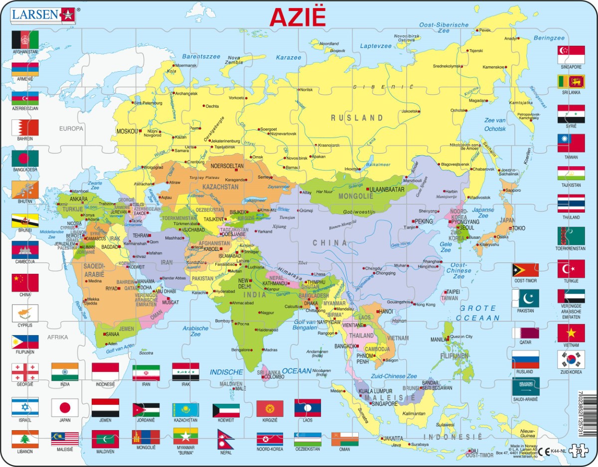 Puzzel Maxi Kaart - Azië Met Vlaggen - 70 Stukjes - Tactic Games